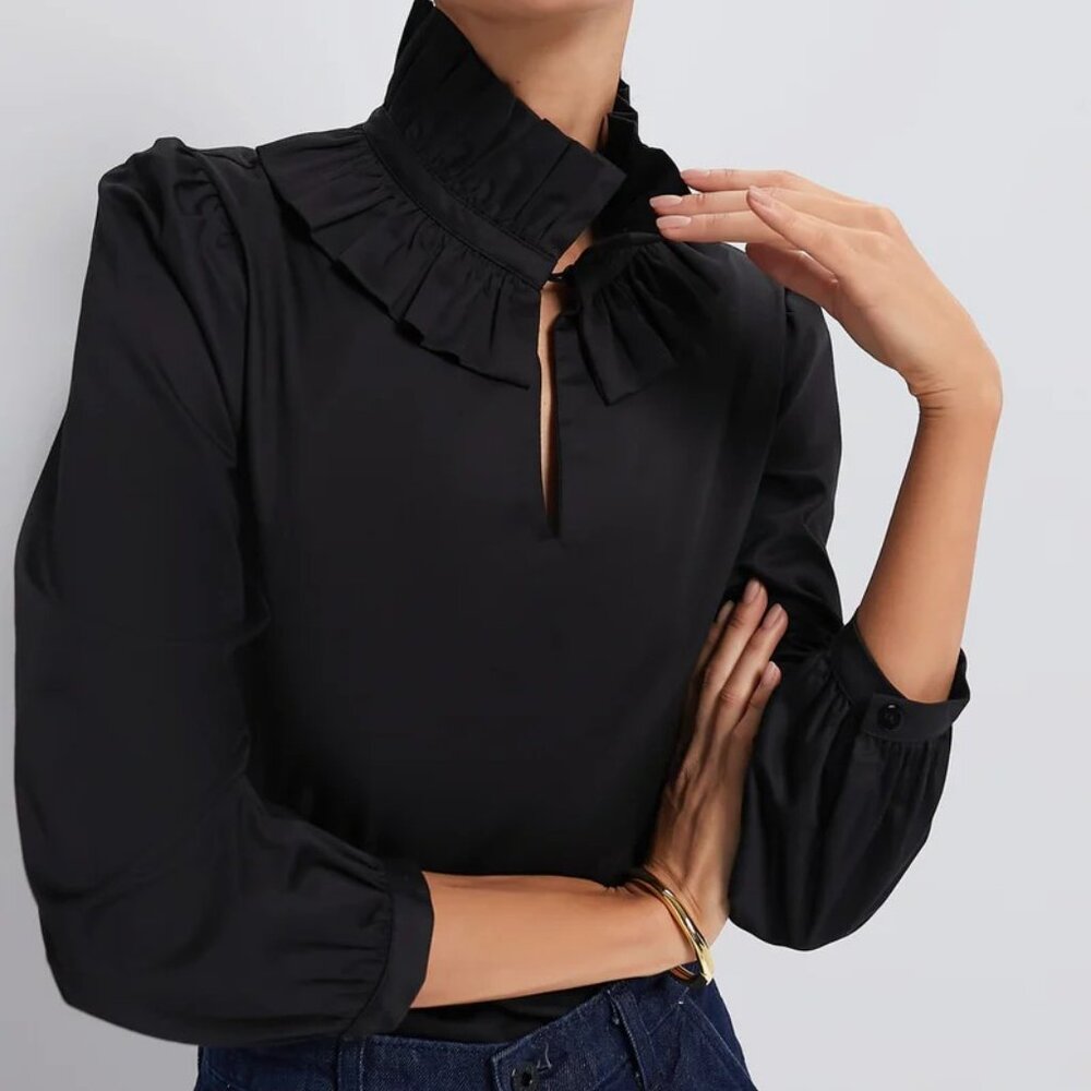 Tuckernuck Black Ruffle Neck Bouvier Blouse